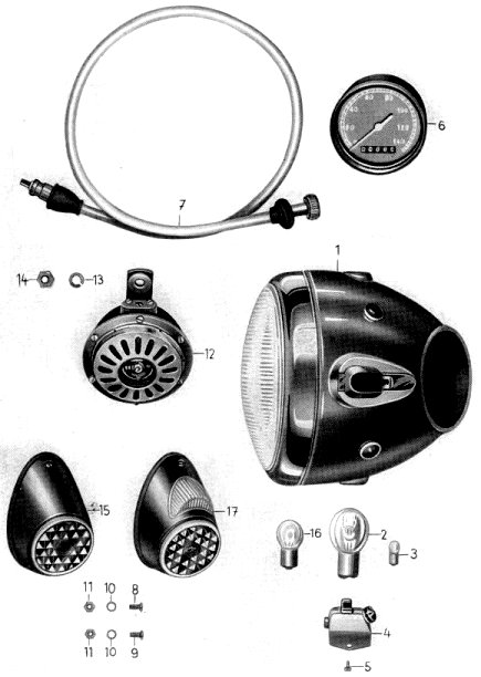 Tafel 27 Gruppe: Elektrische Ausrstung (Scheinwerfer, Tachometer, Tachometerspirale, Signalhorn, Bremsschlukennzeichenleuchte, Abblendschalter, Kabel)